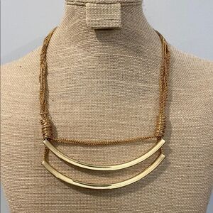 Gold Crescent Bar Necklace with Woven Cord